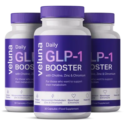 Trois flacons Veluna Daily GLP-1 Booster, complément alimentaire pour le métabolisme